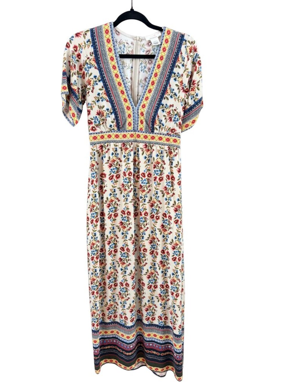 Urban Romantics Floral Boho Maxi Dress Small Border Print Deep V Empire Waist